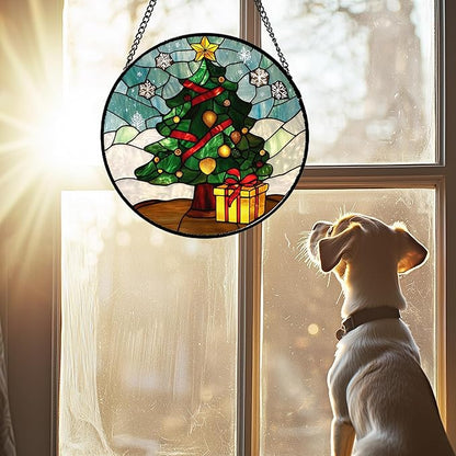 Stained Glass Window Hanging Green Christmas Tree Snowflake 7.8" - Suncatcher Door Garden Sun Catcher Xmas Holiday Decor Birthday for Mom Men Woman Friend Nana