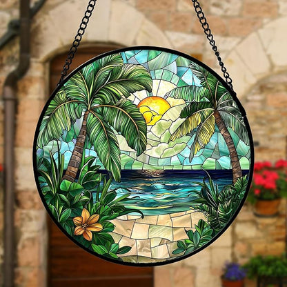 Stained Glass Window Hanging, Green Beach Scenery Suncatcher Diamond Glass Panel Hangings Sun Catchers Decor for Birthday for Women, Men, Wife, Aunt, and Mom 9.8 in