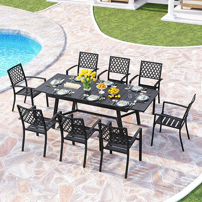 PHI VILLA 9 Pieces Outdoor Dining Set for 8, 84" Long Expandable Wrought Iron Table & Stackable Metal Chairs, Large Furniture Set for Patio, Deck, Yard, Porch - Black