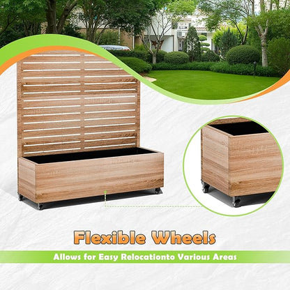 Metal Raised Garden Bed with Trellis, 2-in-1 Planter Box & Privacy Screen for Climbing Plants, Outdoor Standing Flower Bed with Drainage Holes, 47.2" L x 16.7" W x 70.8" H, Cut Oak Grain