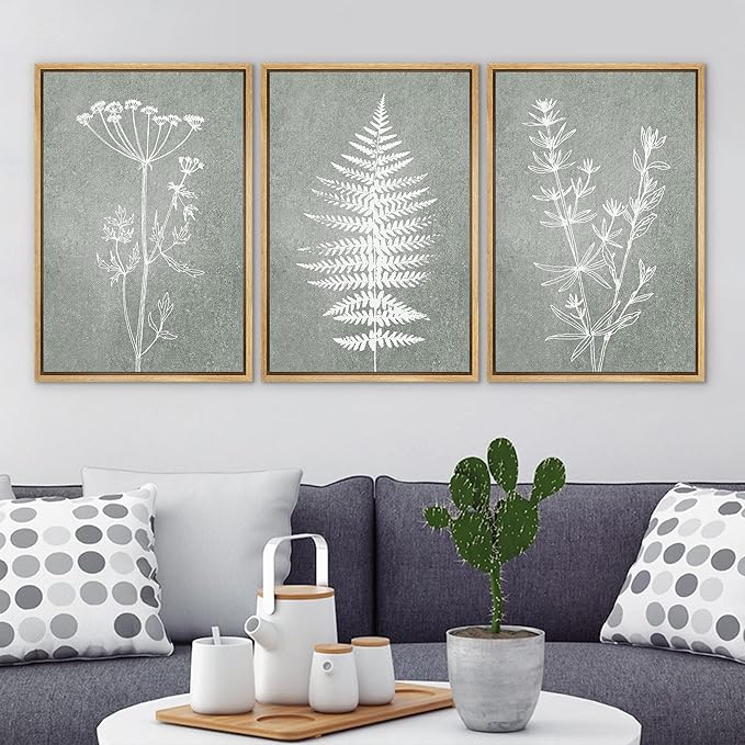 Ashbrook Framed Canvas Print Wall Art Set Green Forest Flower Plant Silhouette Nature Wilderness Illustrations Modern Art Rustic Chic Colorful for Living Room, Bedroom, Office - 24"x36"x3 Natural