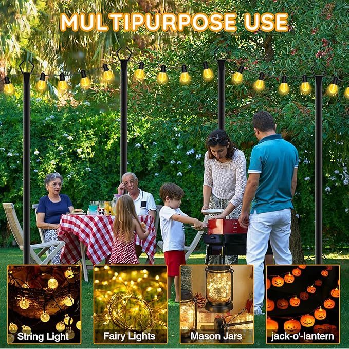 2 Pack String Light Poles, Outdoor String Light Pole 10ft Forked Metal Light Pole with Adjustable Outdoor Light Stand, Deck, Backyard, Garden, Wedding, Rustproof and Sturdy with Hooks