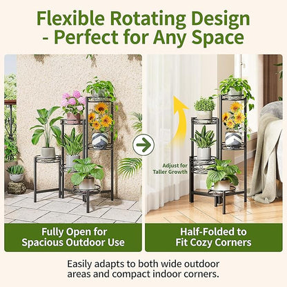 Plant Stand Indoor Outdoor, 6 Tier Metal Flower Shelf for Multiple Plants Corner Tall Floding Flower Holders for Patio Garden Living Room Balcony Bedroom - BlackCircle
