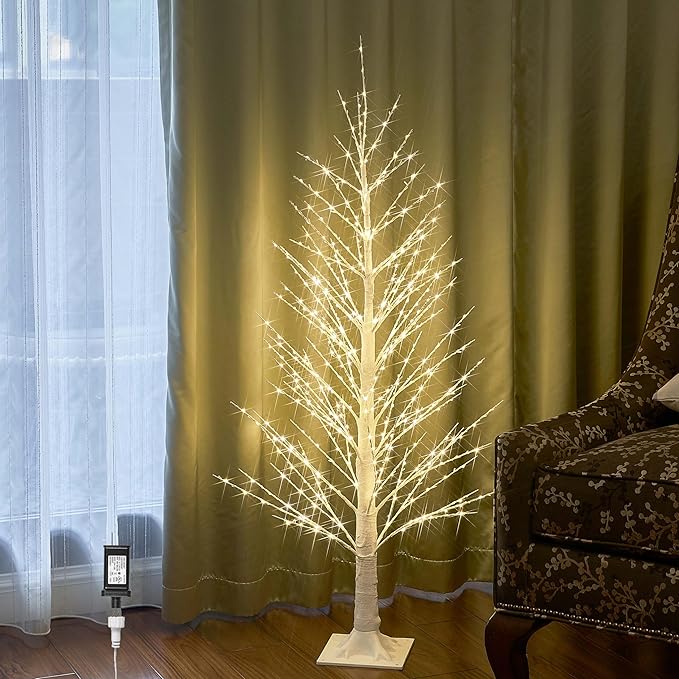 Hairui Lighted White Alpine Tree with 450L 810L Warm White Fairy Lights 4FT 6FT, Twig Tree with Lights for Indoor Outdoor Home Christmas Winter Holidays Party Decoration