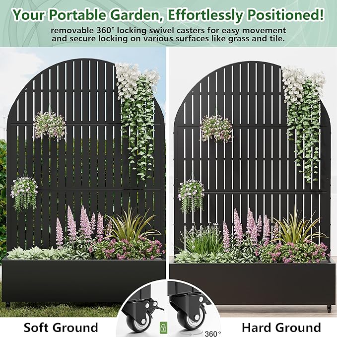 Casaphoria Raised Garden Bed Metal Planter Box with Trellis, 72"x47"x16" for Outdoor Climbing Plants, Flowers Vegetables and Vines Privacy Screen with Wheels and Drainage Holes(Black Vertical)