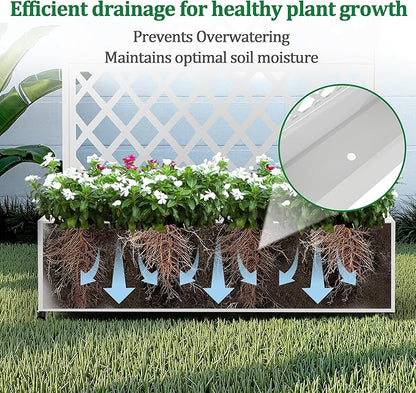 Metal Raised Garden Bed with Trellis and Wheels, 2 in 1 Trellis with Planter Box & Privacy Screen for Climbing Plants, Outdoor Standing Flower Beds with Drainage Holes, 35.4"L x 15.7"W x 70.9"H, White