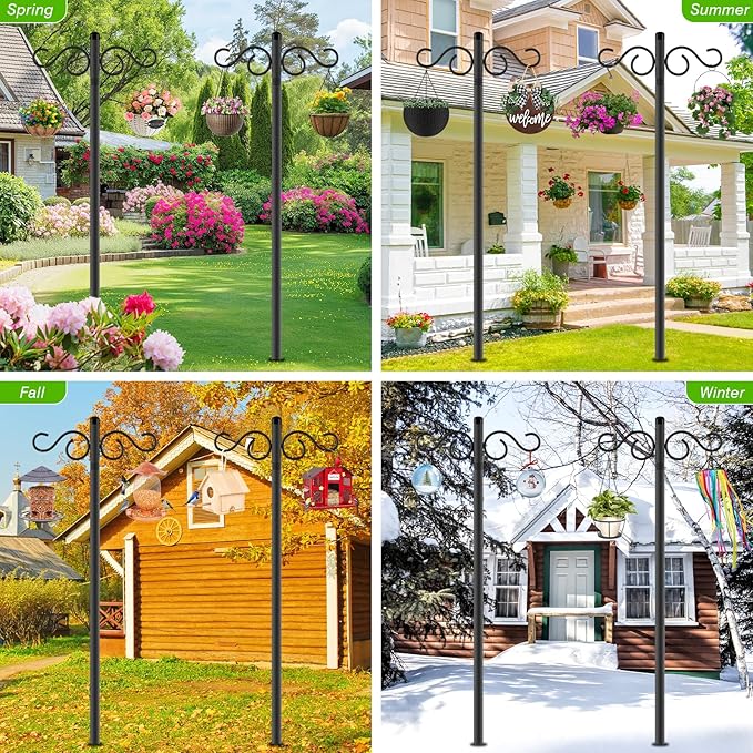 Double Shepherds Hooks for Outdoor,3 Pack 90 Inch Bird Feeder Pole with 5 Prongs Base,Heavy Duty Shepherds Hook,Suitable for Garden in Hanging Flower Basket,Lantern,Bird Nests (3 Pack 90 inch)