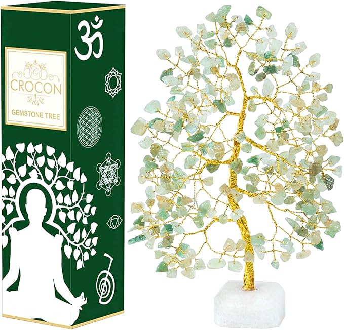 Crocon Green Jade Gemstone Tree with Natural Quartz Base Chakra Healing Crystal Tree of Life Feng Shui Money Bonsai Handmade Gemstone Tree Ornament Figurine Wealth & Good Luck Gift 10-12'' (CTR072a)