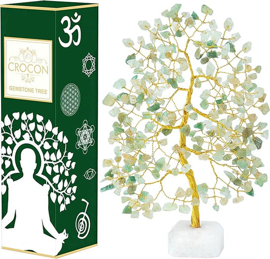 Crocon Green Jade Gemstone Tree with Natural Quartz Base Chakra Healing Crystal Tree of Life Feng Shui Money Bonsai Handmade Gemstone Tree Ornament Figurine Wealth & Good Luck Gift 10-12'' (CTR072a)