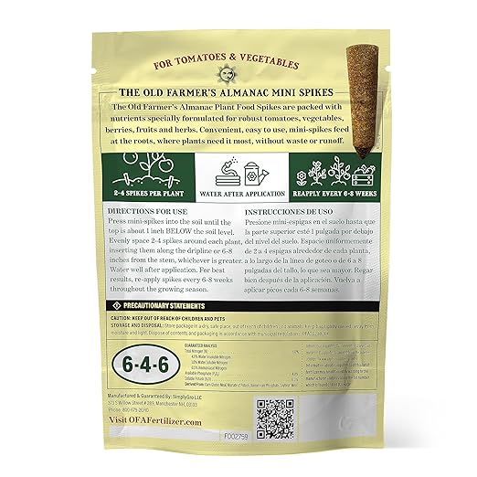 The Old Farmer's Almanac Tomato & Vegetable Plant Food Mini Spikes - NPK 6-4-6 for Continuous Feeding and Bountiful Harvests (24 Mini Spikes)