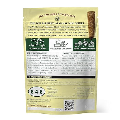 The Old Farmer's Almanac Tomato & Vegetable Plant Food Mini Spikes - NPK 6-4-6 for Continuous Feeding and Bountiful Harvests (24 Mini Spikes)