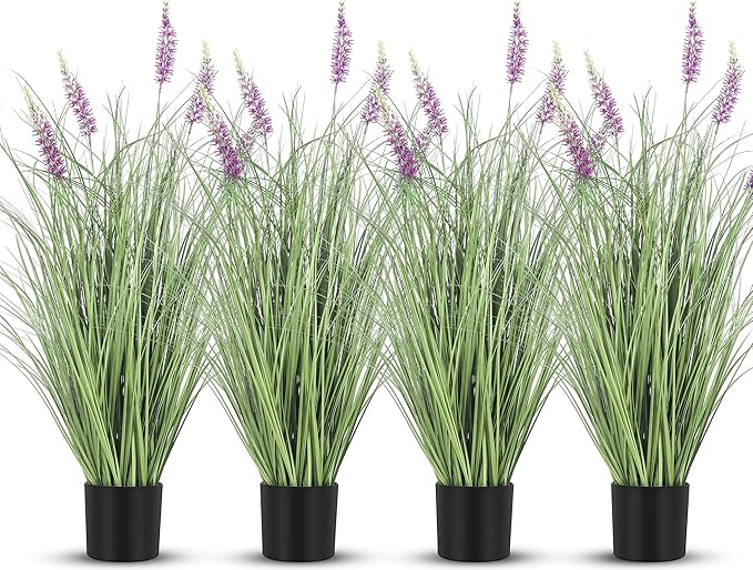 Jexine 4 Pieces Faux Plants Outdoor 3 ft Tall Artificial Lavender Plant Potted Artificial Lavender Faux Greenery Floor Flowers for Housewarming Gift House Garden Bathroom Lobby Outdoor