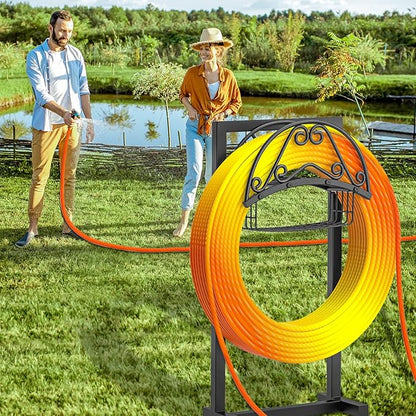 Garden Hose Holder, 4 Spikes Freestanding Water Hose Holder Reels, Heavy Duty Detachable Hose Stand with Storage Basket for Outside Yard Lawn (B-4 Spikes)