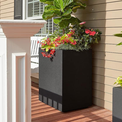 PolyStone Cozumel Tall Modern Outdoor/Indoor Column Planter, 18" L x 23" W x 30" H, Lightweight, Heavy Duty, Weather Resistant, Polymer Finish, Commercial Grade and Residentia (Black)