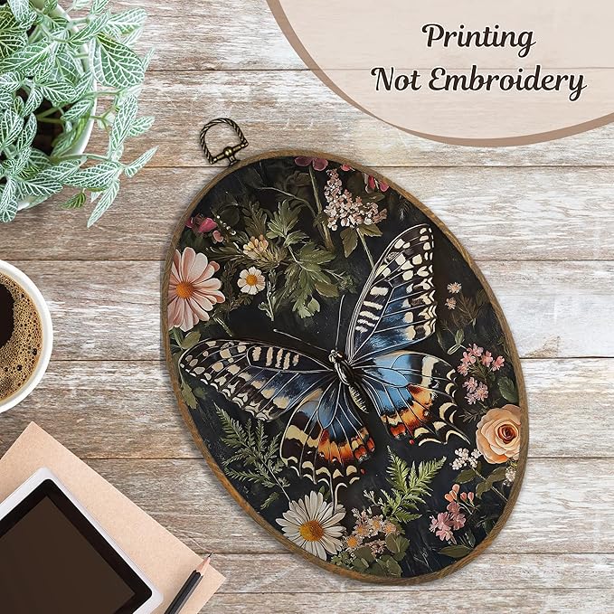 LKETW William Morris Butterfly Floral Oval Wall Art Decor, Vintage Butterfly Botanical Oval Canvas Hanging Decor, Cottagecore Moth Flower Wall Decorations for Home Bedroom Living Room, 8.6x11.4 Inch