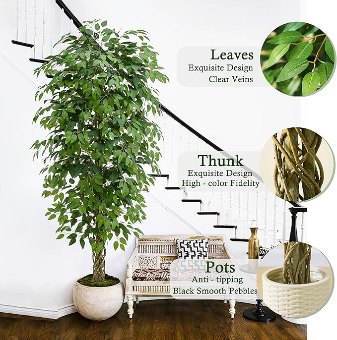 Artificial Ficus Tree：6FT Faux Silk Floor Plant Realistic Tall Fake Ficus Large Potted with Braided Trunk Lush & Green Leaves Pot for Home Office Room Decor Indoor & Outdoor (6FT,1-Pack,White)