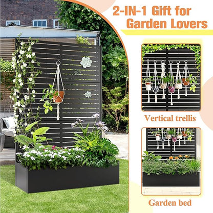Metal Planter Box with Trellis Raised Garden Bed with Trellis 71"x47"x16", Trellis with Planter Box & Privacy Screen, Metal Planter Box for Climbing Plants, Vegetable, Vines(Black, Louvered)