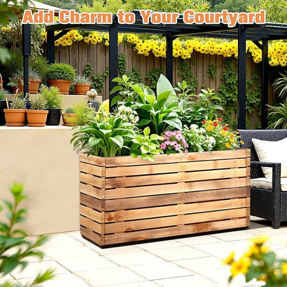 FENCY Large Metal Planter, Large Rectangular Planters for Outdoor Plants, Tall Outdoor Planters for Porch Patio, 32" L x 15" W x 16.3" H Walnut Finish Metal Planter with Drainage Hole