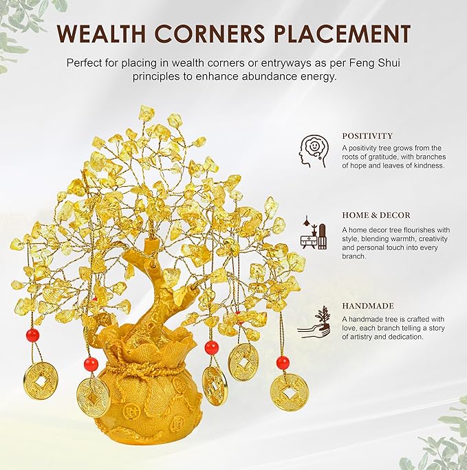 Citrine Crystal Tree with Artificial Coin Pot Base Bonsai Tree for Home & Office Decor Good Luck 6 Feng Shui Coins Money Tree Yellow Crystal Spiritual Gifts for Women Mom Sister Desk Bookshelf Decor