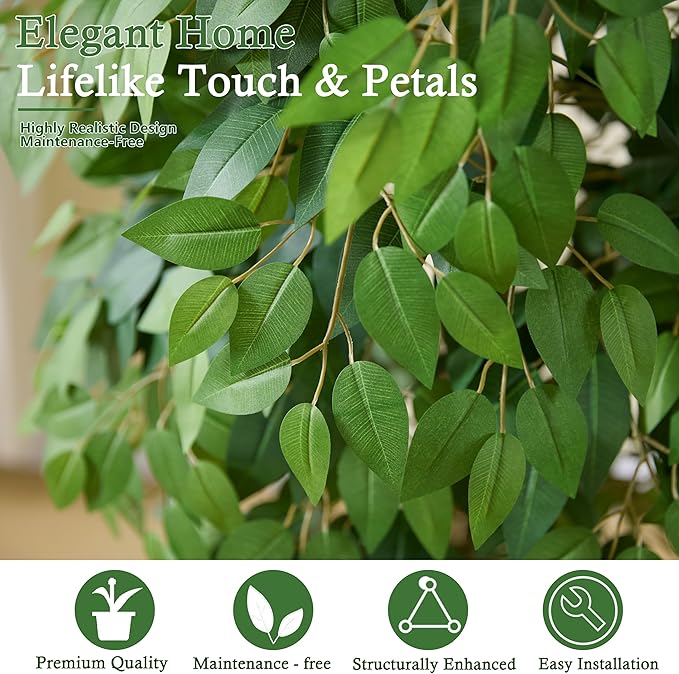 Artificial Ficus Tree：6FT Faux Silk Floor Plant Realistic Tall Fake Ficus Large Potted with Braided Trunk Lush & Green Leaves Pot for Home Office Room Decor Indoor & Outdoor (6FT,1-Pack,White)
