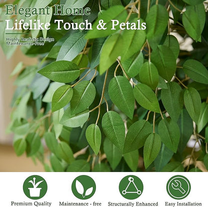 Artificial Ficus Tree：6FT Faux Silk Floor Plant Realistic Tall Fake Ficus Large Potted with Braided Trunk Lush & Green Leaves Pot for Home Office Room Decor Indoor & Outdoor (6FT,1-Pack,White)