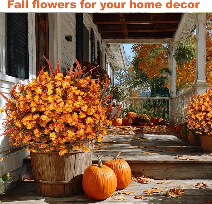 Artificial Fall Flowers for Outdoors Fake Mums - 16 Bundles Faux Fall Decor Plants No Fade Shrubs (16, OrangeGreen)