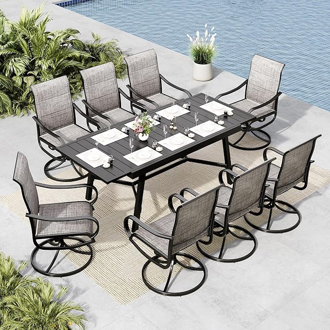 MFSTUDIO Outdoor Dining Set for 8, Expandable Patio Table and Chairs Set, 9 Piece Outdoor Patio Furniture Set for Deck/Backyard/Poolside/Garden