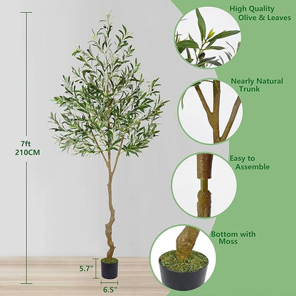 Artificial Olive Tree, 7ft Tall Fake Olive Leaves Plant with Basket, Indoor Outdoor Faux Olive Topiary Silk Tree for Home Livingroom Office Décor