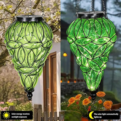 Solar Hanging Lantern Outdoor Garden Lights, Tear-Shaped Glass and Metal Hanging Lantern, 15 Firefly LED Lights, 7 x 24 Inch,(Green)