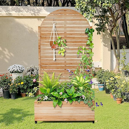 Metal Raised Garden Bed with Trellis, 2-in-1 Planter Box & Privacy Screen for Climbing Plants, Outdoor Standing Flower Bed with Drainage Holes, 35.4" L x 15.7" W x 70.1" H, Acacia Wood Grain-Louvered