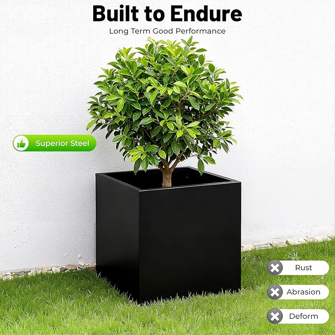 Steel Planter Box Square Indoor Outdoor Planters Large Metal Planter Flower Pot for Garden Patio Deck Yard Commercial Residential (Black, 20" L x 20" W x 20" H)