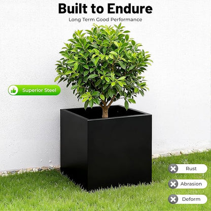 Steel Planter Box Square Indoor Outdoor Planters Large Metal Planter Flower Pot for Garden Patio Deck Yard Commercial Residential (Black, 20" L x 20" W x 20" H)