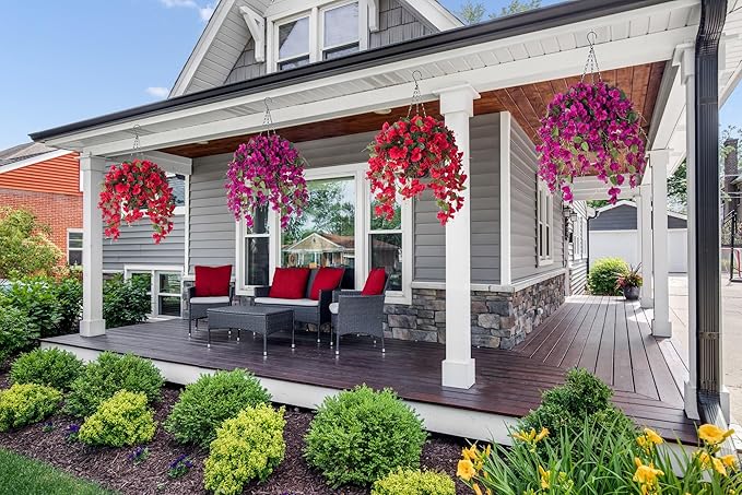 HyeFlora Artificial Hanging Flower Baskets for Spring Decoration, Outdoor Fake Plant Faux Silk Hibiscus Long Vines in Planter UV Resistant Realistic Flowers for Outside Porch Patio Home Decor, Yellow