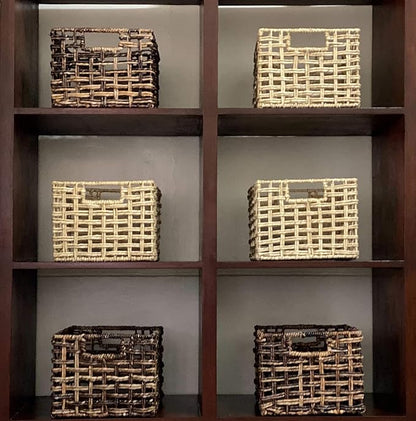 Handwoven Abaca Wicker Basket Set of 3 – 12x10x8 Open Weave Storage Baskets, Natural Woven Bins for Pantry, Bookshelf & Closet Organization, Sustainable Decorative Rattan Design
