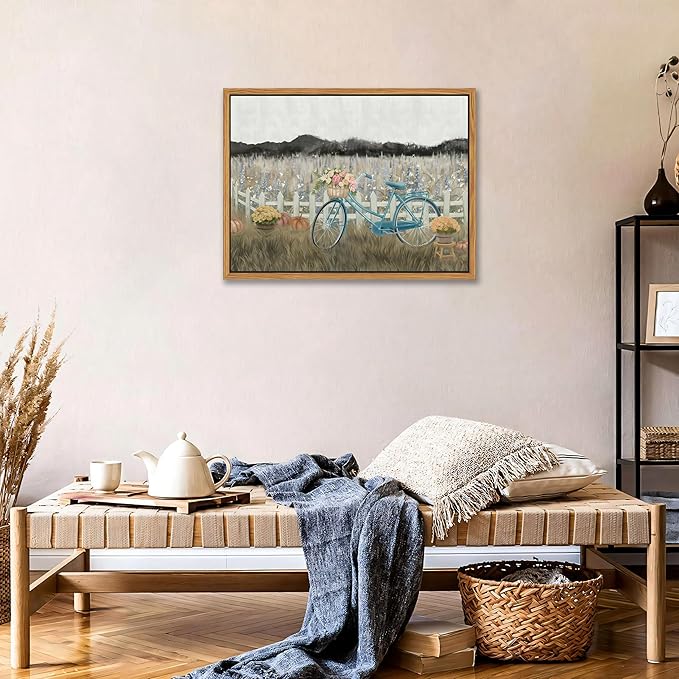 Floating Framed Canvas Wall Art, Vintage Blue Bicycle Flower Basket Wall Decor, Country Nature Landscape Wildflower Poster Print Paintings for Bathroom Living Room Bedroom Home Decor 16x24 inch
