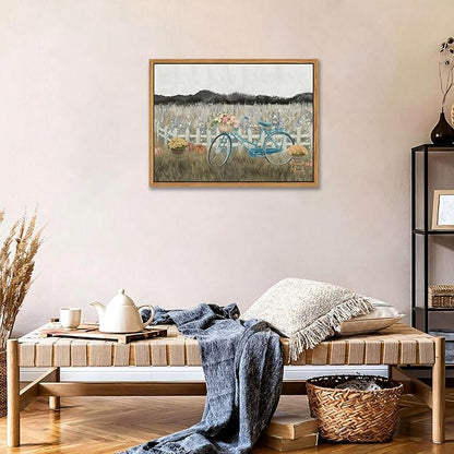 Floating Framed Canvas Wall Art, Vintage Blue Bicycle Flower Basket Wall Decor, Country Nature Landscape Wildflower Poster Print Paintings for Bathroom Living Room Bedroom Home Decor 16x24 inch