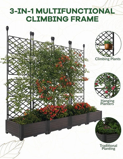 4 PCS Raised Garden Bed with Trellis, 66 in W x 63"Tall Plastic Planter Box for Climbing Plants, Outdoor Vertical Garden with Privacy Screen for Patio, Balcony, Backyard – Sturdy & Lightweight