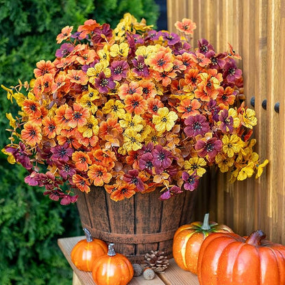 Artificial Fall Flowers for Outdoor Fake Mums - 16 Bundles Fake Plants UV Resistant No Fade Faux Plastic Greenery Garden Porch Patio Home Decor(16, BrownOrangeYellow)