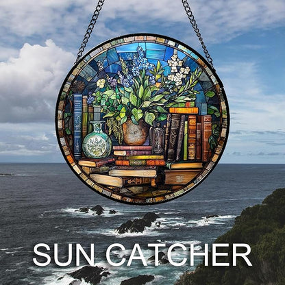 Stained Glass Window Hanging Teal Flower Vintage Books Large 11.8" - Blue Suncatcher Door Garden Sun Catcher Home Decor Birthday Christmas for Mom Men Woman Nana Friend