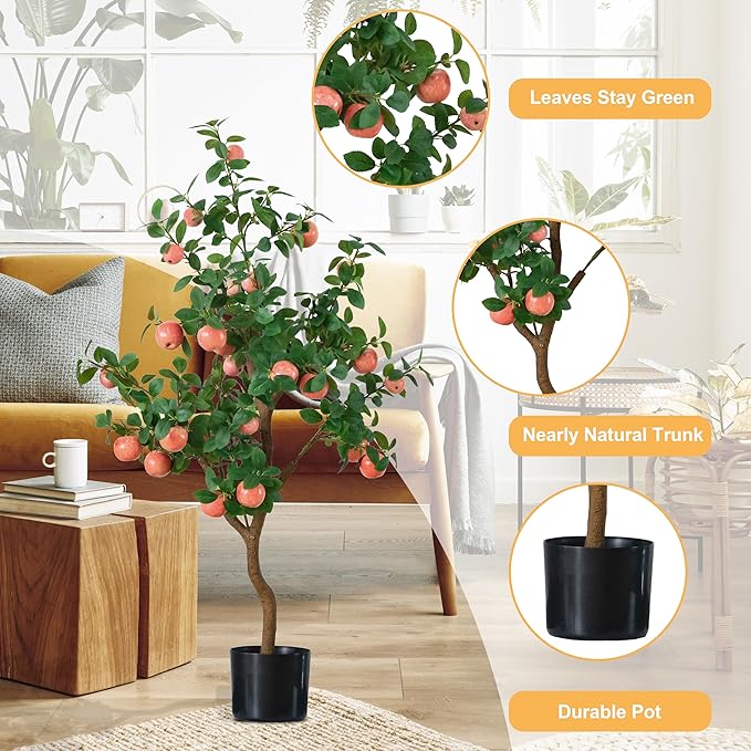 Artificial Apple Tree, 43 Inch Tall Decorative Fruit Plant with Realistic Green Leaves, UV Resistant Indoor Home Decor with Black Pot, No Trimming Required (Pink Apple)