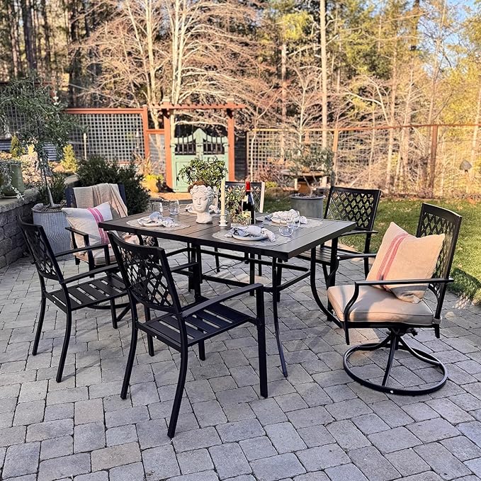 MFSTUDIO Patio Dining Set for 6, Outdoor Table and Chairs Set for Deck Backyard Poolside Garden, 7 Piece Metal Patio Furniture Set with Umbrella Hole