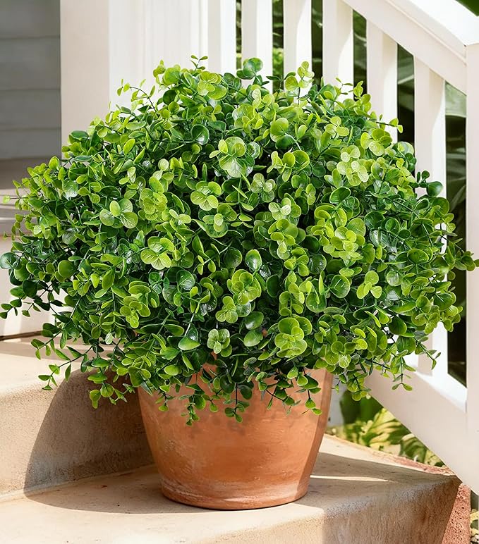 Artificial Faux Outdoor Plants for Spring Summer Decoration, 12 Bundles Fake Plastic Eucalyptus UV Resistant Look Real Fake Plants for Planter Outside Front Door Porch Patio Balcony Garden Indoor Yard
