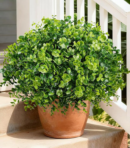 Artificial Faux Outdoor Plants for Spring Summer Decoration, 12 Bundles Fake Plastic Eucalyptus UV Resistant Look Real Fake Plants for Planter Outside Front Door Porch Patio Balcony Garden Indoor Yard