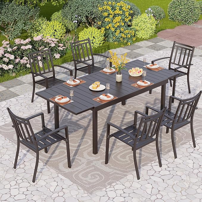 PHI VILLA 7 Piece Patio Dining Table Set, Expandable Rectangular Metal Dining Table & 6 Steel Patio Chairs for Outdoor, Deck, Yard
