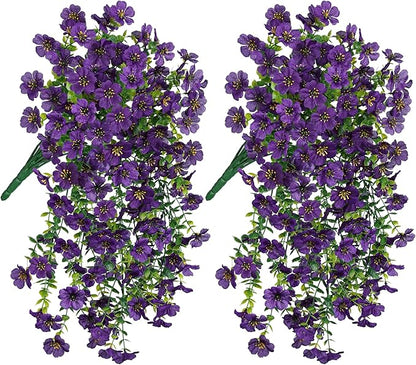 HyeFlora Artificial Flowers for Outdoors Garland Decoration, 2Pcs Dark Purple Fake Hanging Flowers, UV & Fading Resistant, Faux Decor for Home Porch Patio Balcony Planter Yard
