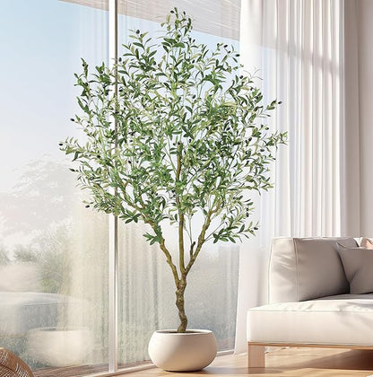Artificial Olive Tree 7FT with 1476 Leaves Realistic Tall Large Faux Silk Deluxe Plant 84 Inch Black Pot for Indoor Home Office Porch Mall School Hotel Modern Decor Housewarming Gift