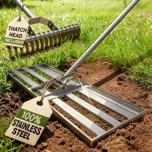 Oris Garden® Lawn Leveling Rake 30 inch - Ground Leveler for Yard, Sand, Soil, Grass - Dirt Leveling Tool, Heavy Duty Stainless Steel rakes for Golf, Grading, Gravel (30" Leveling + Thatch Rake)