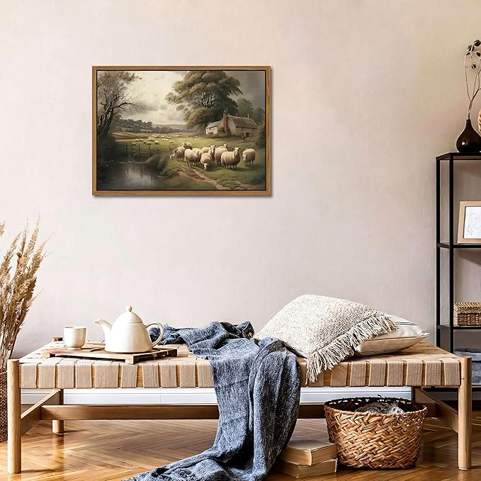 SAMHOU Floating Framed Canvas Wall Art, Vintage French Country Nature Landscape Wall Decor, Meadow Flock of Sheep Poster Prints Picture for Farmhouse Living Room Bedroom Home Decor 12x16 inch