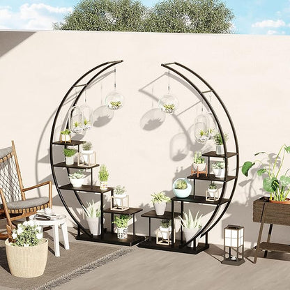 5 Tier Metal Plant Stand Indoor, 67.25“ Tall Half Moon Shape Multiple Stand Holder Shelf Planter Display, Hanging Shelf Flower Stand Ladder for Patio Garden Living Room, Black Set of 2