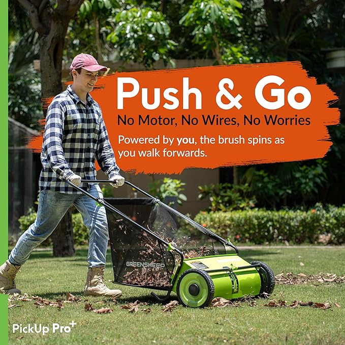 Pickup Pro Garden Sweeper - Manual Leaf & Grass Push Lawn Sweeper (Pickup Pro Max)